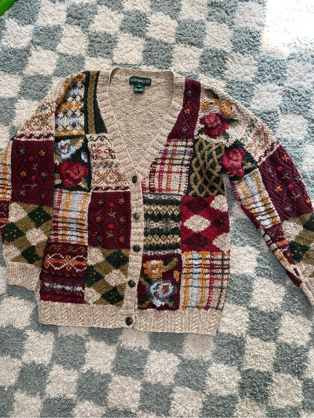 Bushwacker vintage knit chunky oversized cardigan sweater patchwork flowers Md
